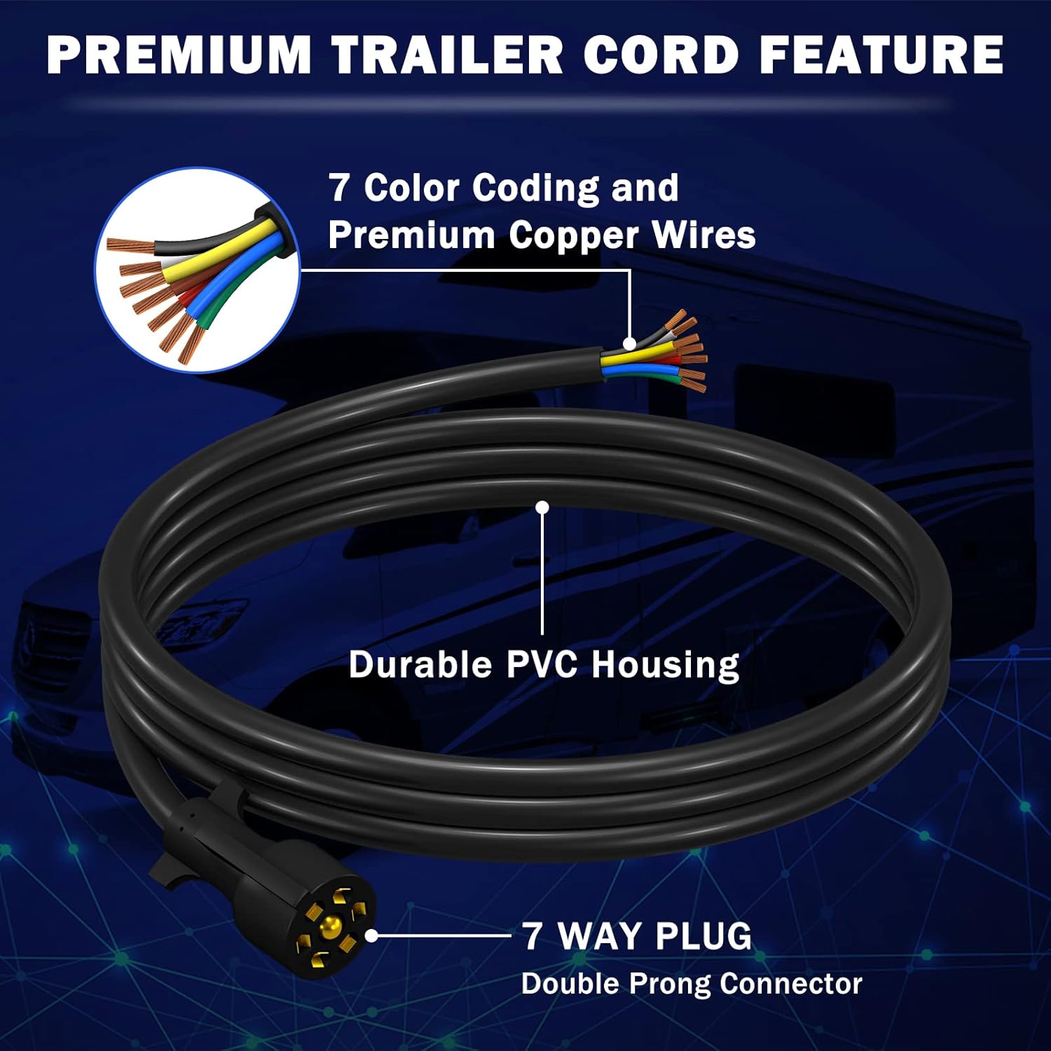 CheeMuii 8 FT 7 Way Trailer Wiring Harness Kit with 7 Pin Trailer Plug