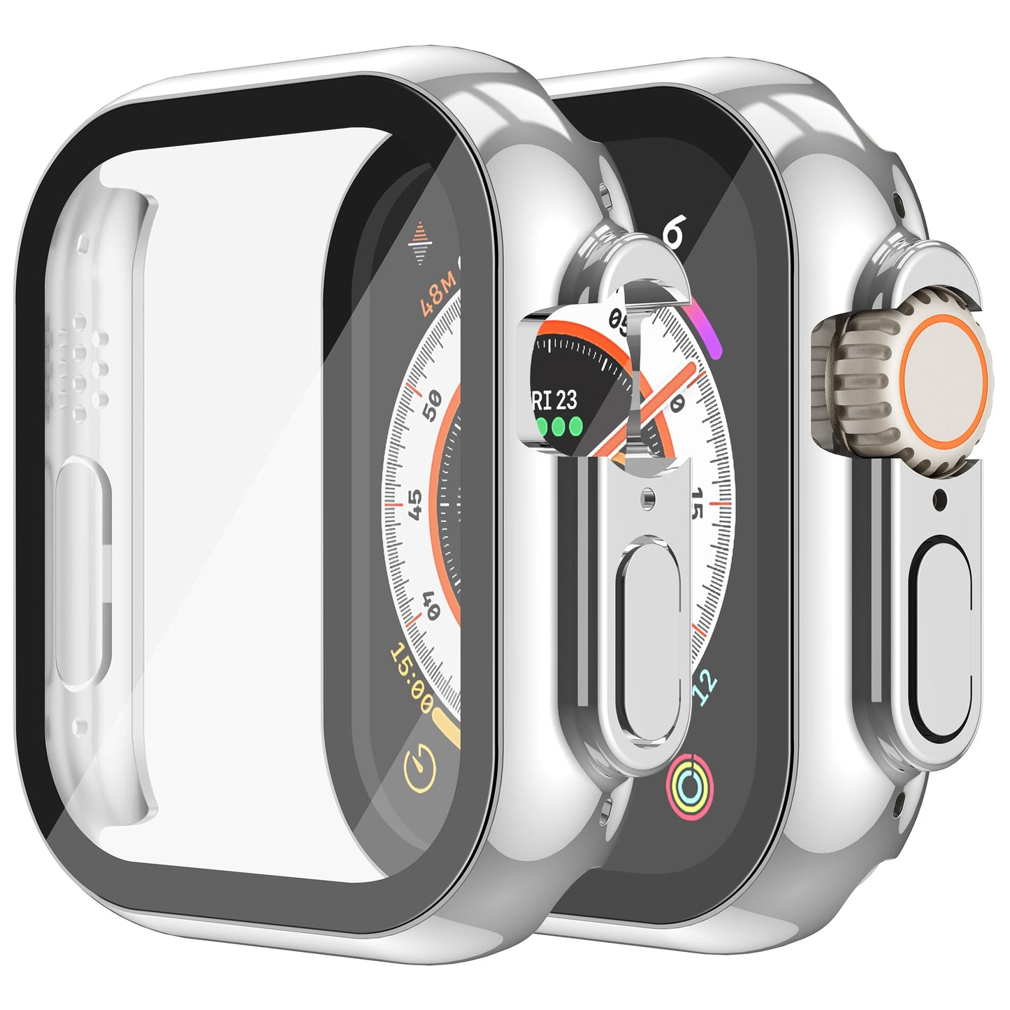 Misxi 2 Pack Hard PC Case with Tempered Glass Screen Protector Compatible with 49mm Apple Watch Ultra 2 / Ultra, Scratch Resistant Lightweight Full Coverage Cover for iWatch, 1 Silver + 1 Transparent