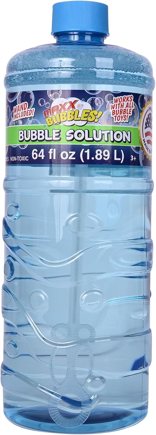 Made in USA Bubble Solution Refill with Wand 64oz Non Toxic Dye Free (1/2 Gallon), Kids Easy Grip Bottle Refill for Bubble Machine, Bubble Wands, Bubble Toys, Blue Bottle