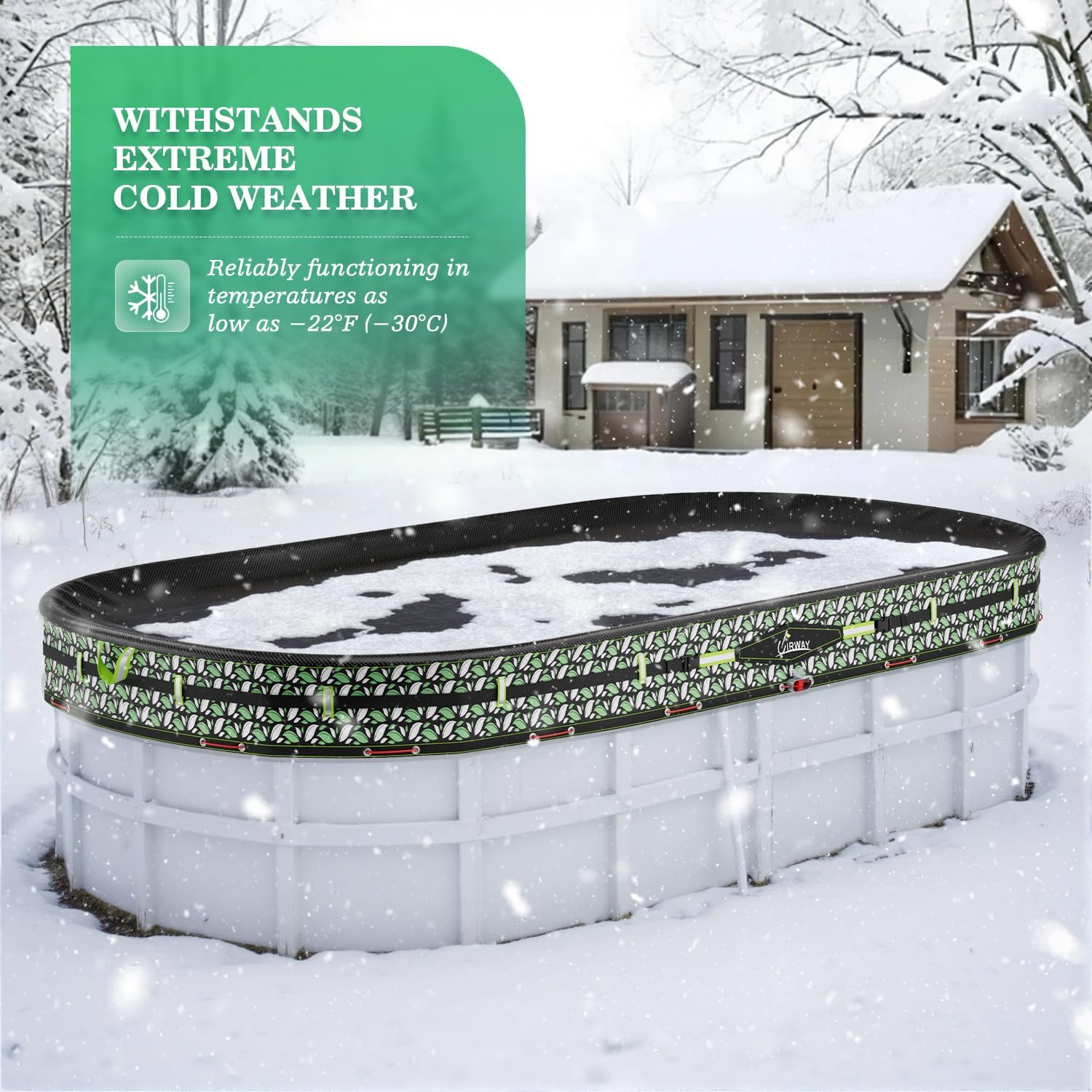 UIRWAY Upgraded 12x20 ft Oval Winter Pool Cover- 185gsm Heavy Duty Fabric Pool Cover for Above Ground Pools, Ultimate Windproof with 2 Buckle Straps & Winch and Cable Set, Cold and UV Resistant