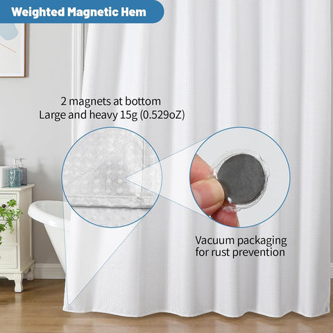 2-in-1 Waterproof Fabric Shower Curtain - No Separate Liner Needed, Hotel-Style Waffle Weave, Effortless Cleaning & Washable Bathroom Shower Curtain Set,60Wx72H,White