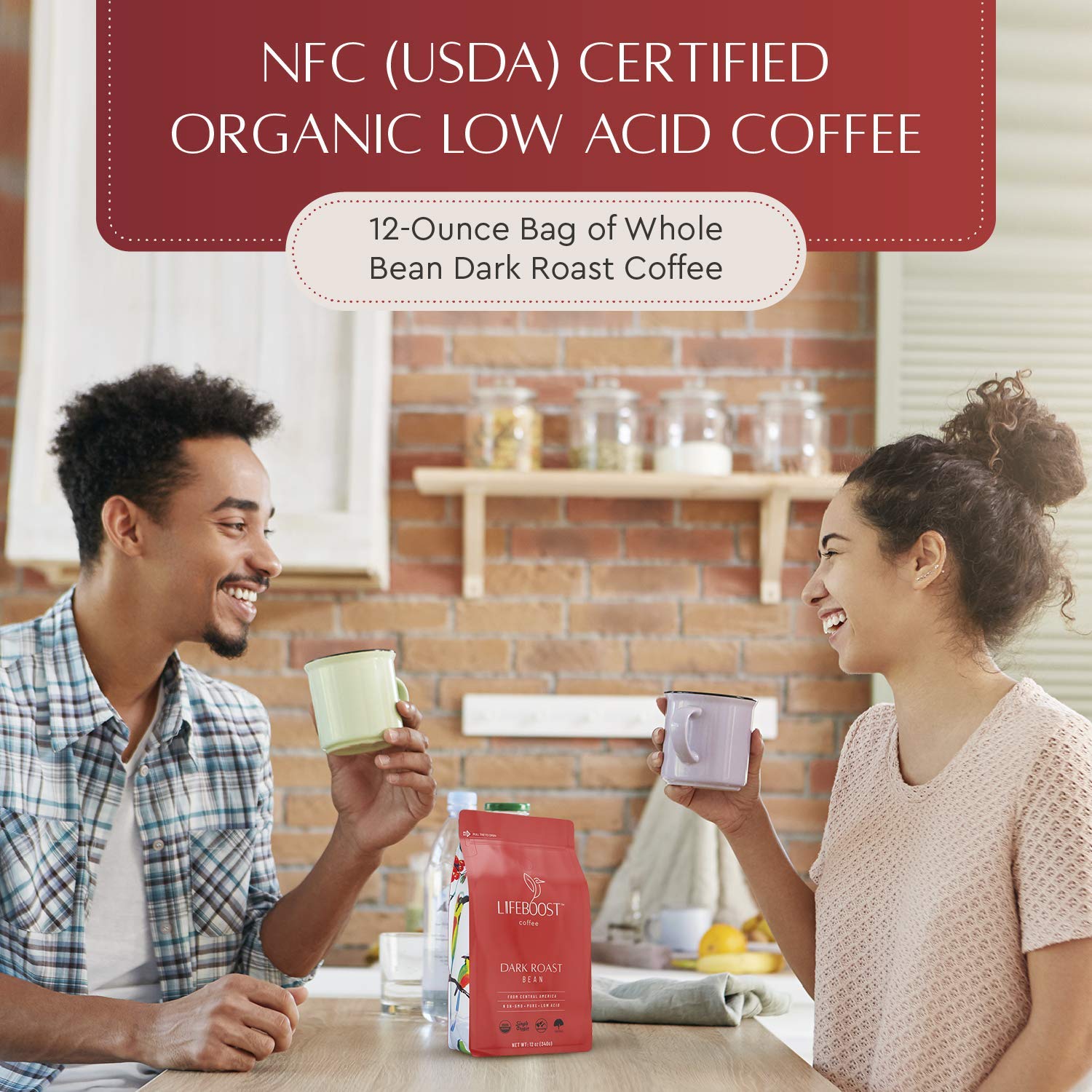 Lifeboost Dark Roast Low Acid Coffee Beans, Organic, 12oz, 3 Pack
