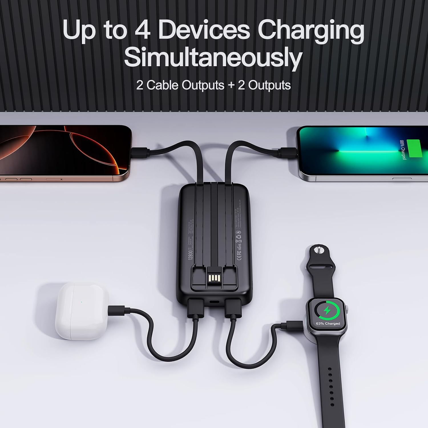 2026 2-Pack 10000mAh Portable Charger Battery Pack with Built in Cables