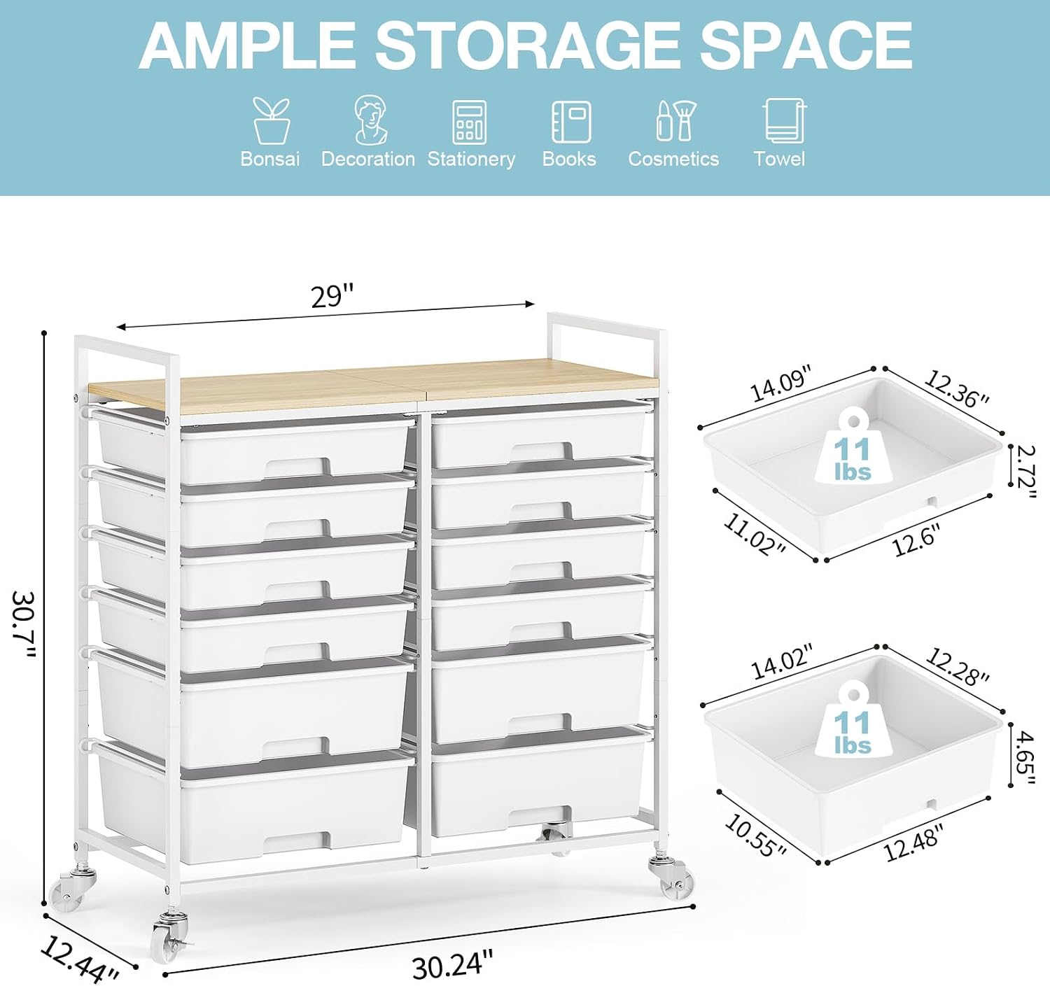 TOOLF 12 Drawers Rolling Storage Cart with Wooden Top for Classroom,White