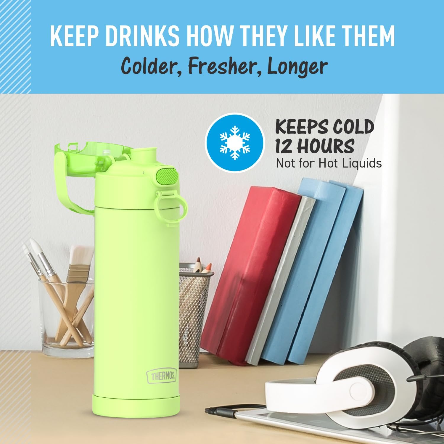 THERMOS FUNTAINER Water Bottle with Spout, 16oz, Neon Lime