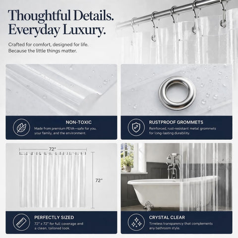 EHZNZIE Crystal Clear Shower Curtain Liner 72x72, PEVA Waterproof Bath Curtain, No Chemical Smell, 3 Weighted Magnets, Durable with Rustproof Metal Grommets
