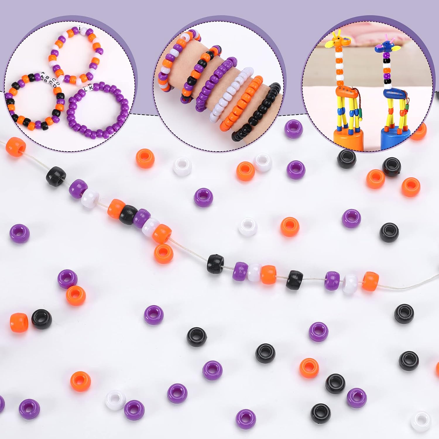 UPINS 1200Pcs Halloween Pony Beads Orange Purple Black White Bracelet Set