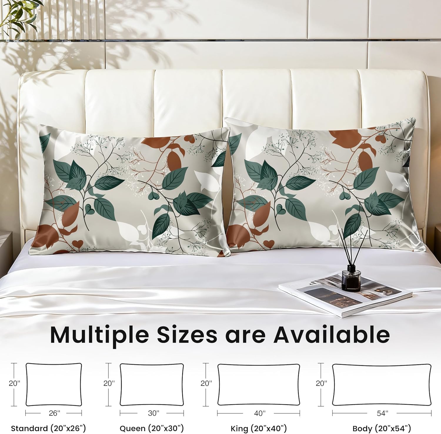 EXQ Home Satin Pillowcase for Hair and Skin King - Printed Green Leaves