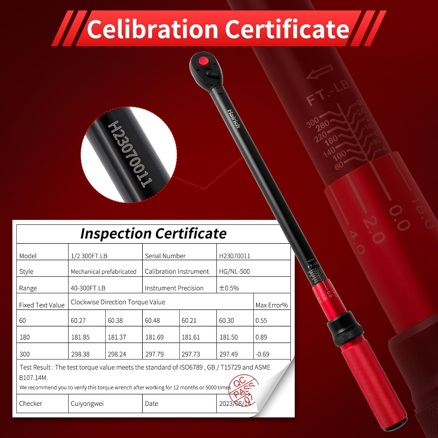 Hairich Torque Wrenches, 1/2 Torque Wrench, 40-300ft.lb/33.9-406.8Nm