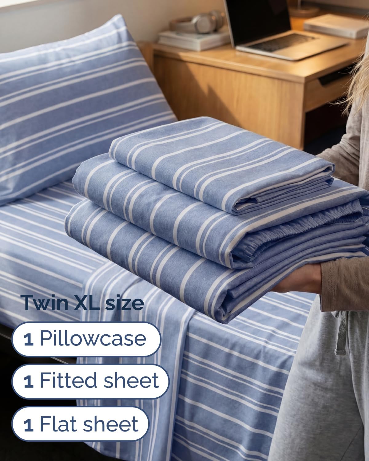 Twin XL 3 Piece Sheet Set - College Dorm Room Essentials - Blue Stripes
