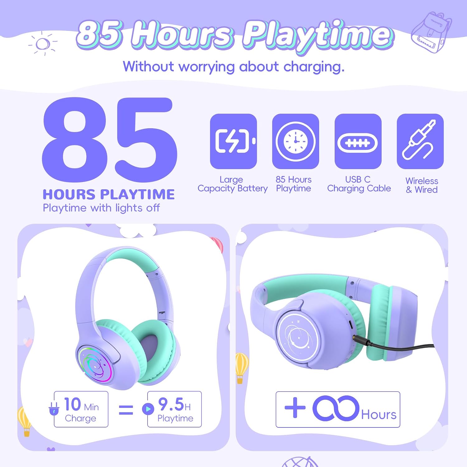 Kids Bluetooth Headphones, 85H Playtime for Toddler Girls, Purple with LED