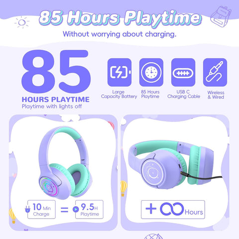 Kids Bluetooth Headphones, 85H Playtime for Toddler Girls, Purple with LED