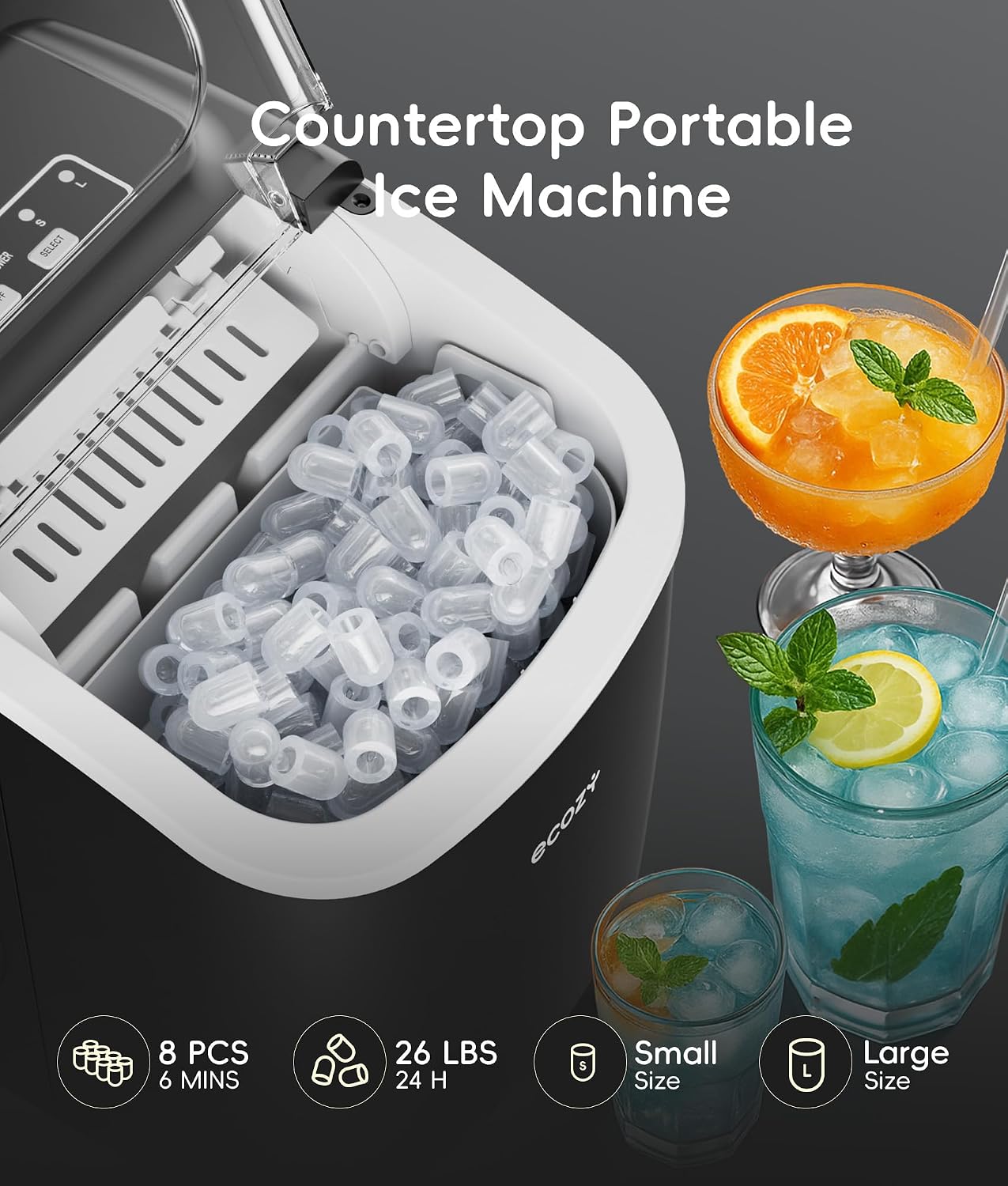 ecozy Portable Ice Makers Countertop, 8 Cubes in 6 Mins, 26lbs/Day - Black