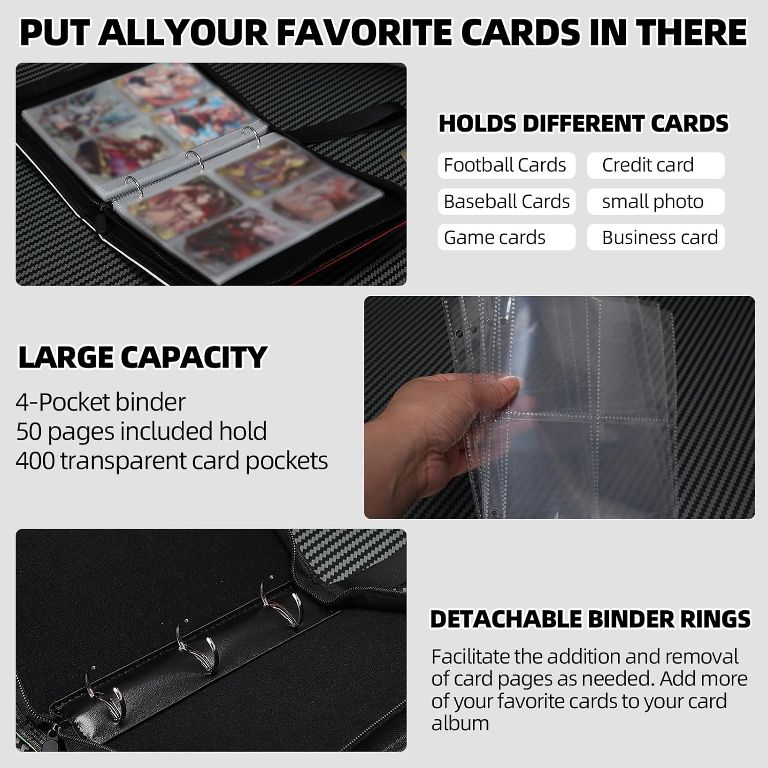 Collectible Trading Card Albums,4 Pocket Card Binder, 400 Double Sided Pocket PU Premium Zip Trading Collection Binderwith 50 Removable Sleeves, Card Folder forTCG, Sports Cards (Blue yellow)