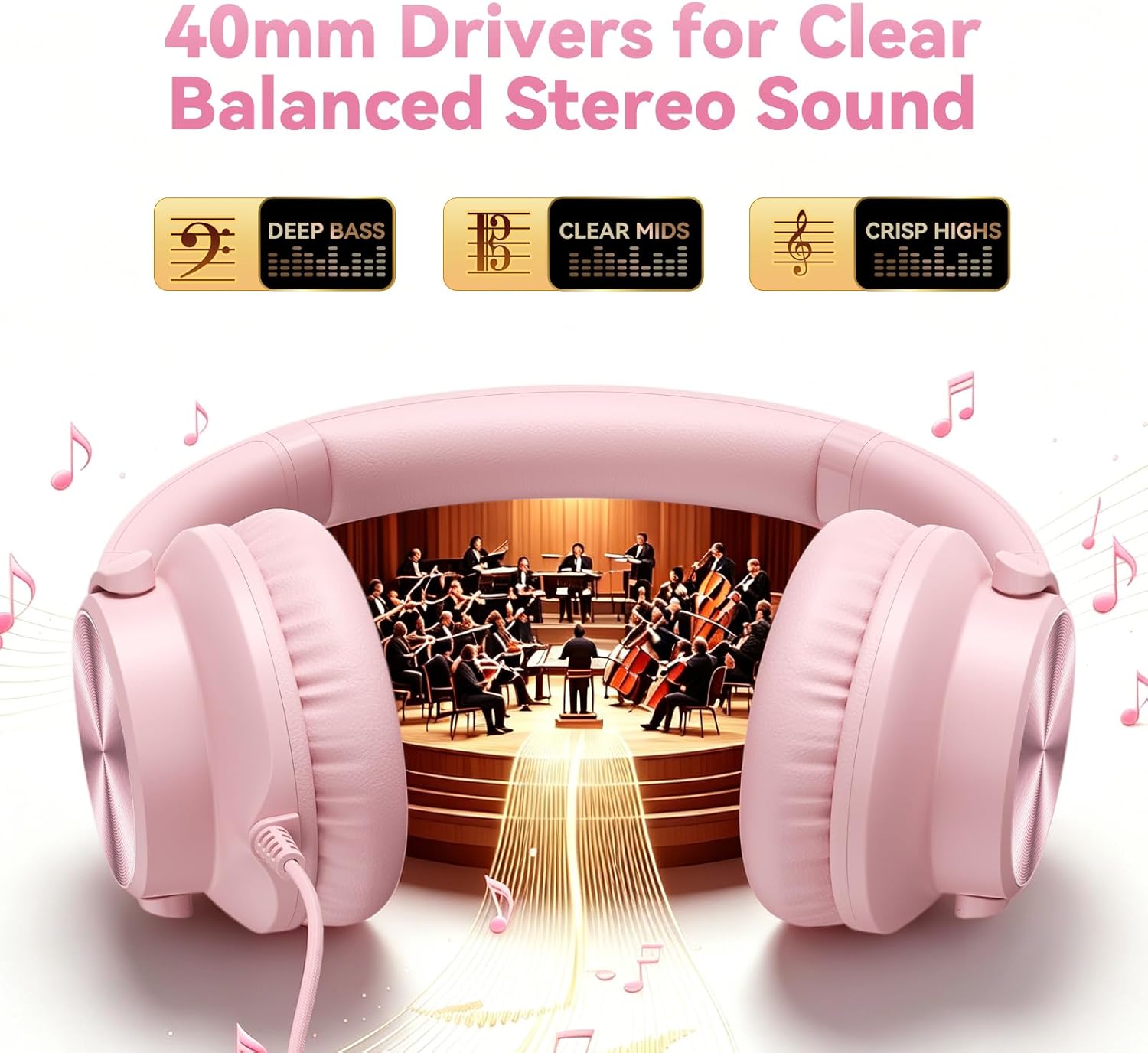 Wired Headphones with Mic, Over-Ear 3.5mm Corded Headphone for School Pink