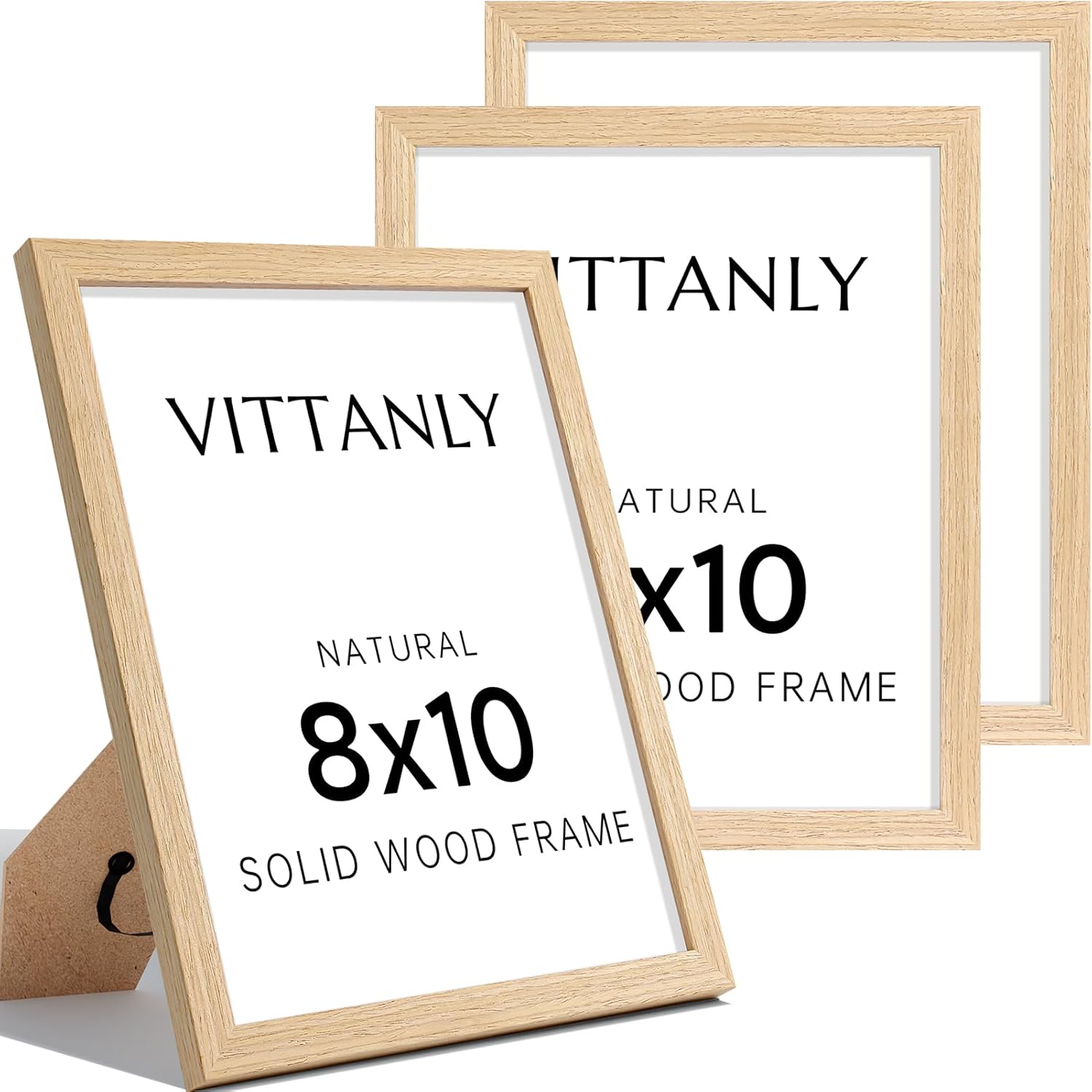 Vittanly 8x10 Picture Frame, Solid Wood Frame with Plexiglass, Includes 5x7 Mat, Wall Hanging or Tabletop for Home Decor, Natural, 3 Pack