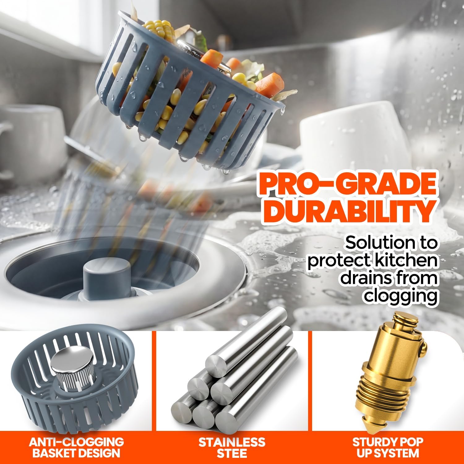 3 in 1 Kitchen Sink Drain Strainer Stopper Basket Pop Up Silver