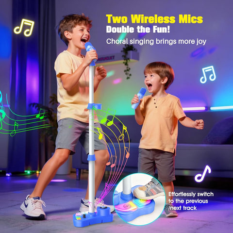 Stand Karaoke Machine Toy for Kids Ages 3-5 4-6 5-7 Birthday Gifts for 3 4 5 6 7 8 Year Old Boy, Kid Rechargeable Karaoke Microphone with 2 Wireless Mics, Bluetooth Speaker Toddlers Boys Party Toys