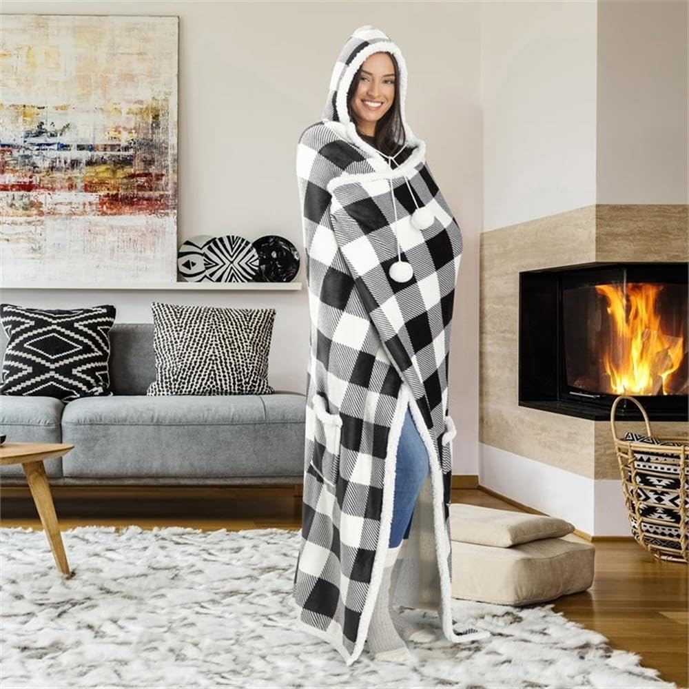 Premium Wearable Hooded Blanket for Adult Women and Men 71"x51" - Super Soft, Lightweight, Microplush, Cozy and Functional Throw Blanket Buffalo Plaid White/Black