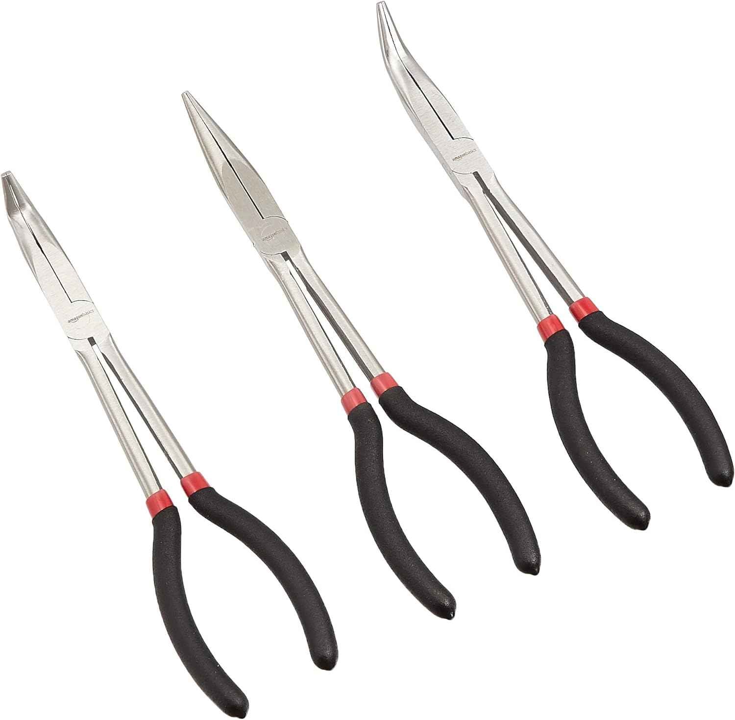 Amazon Basics Extra Long Reach Needle Nose Pliers Tool Set for Narrow Spaces, Versatile,Black, 3 Count (Pack of 12)