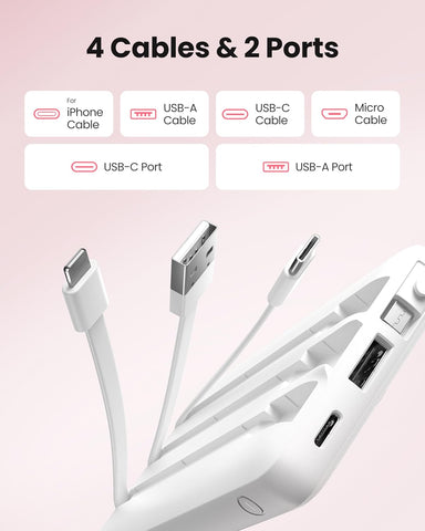 Portable Power Bank, 10000mAh Slim Portable Charger with Built-in Cables, External Battery Pack 5 Outputs 2 Inputs LED Display Compatible with iPhone/Android & More (White)