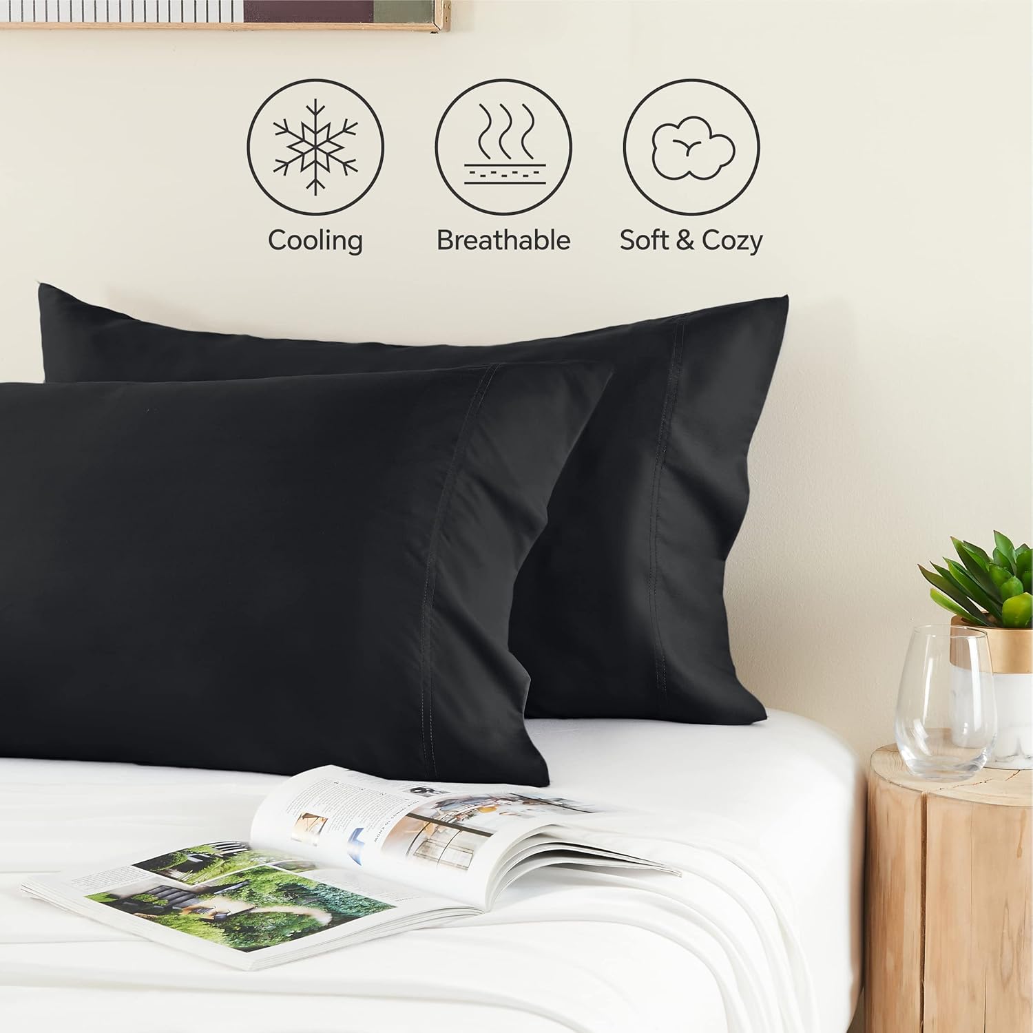 BEDELITE Pillow Cases Standard Size 2Pcs, Rayon Derived from Bamboo, Black