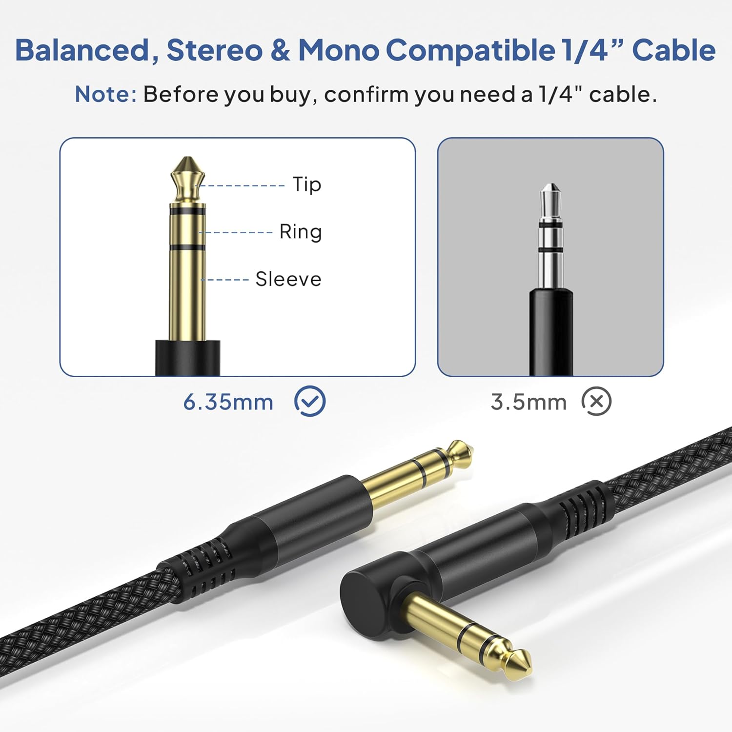 Elebase 1/4 Inch TRS Instrument Cable 10FT 2-Pack,Right Angled Guitar Cord