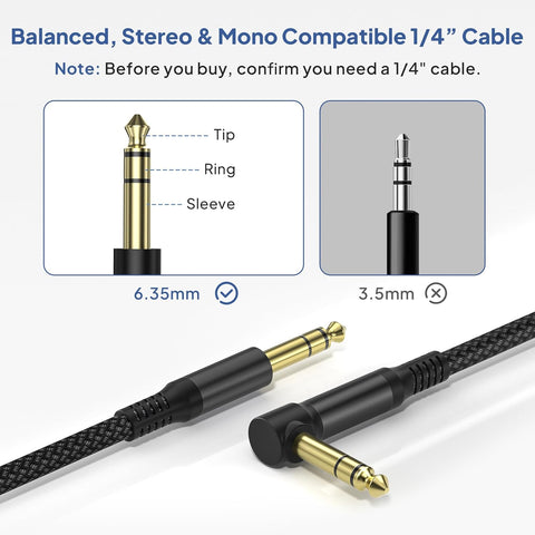 Elebase 1/4 Inch TRS Instrument Cable 10FT 2-Pack,Right Angled Guitar Cord
