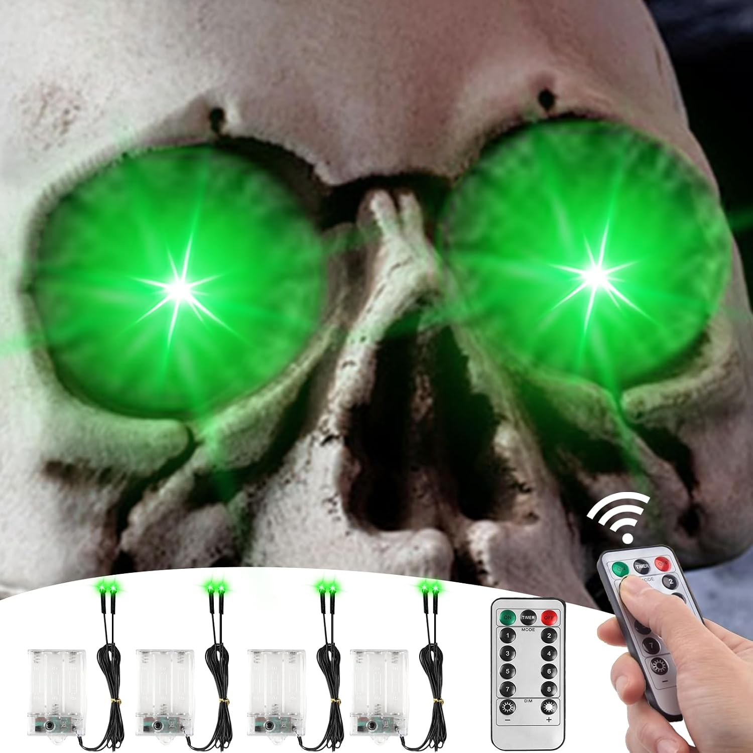 4 Pack Halloween Decoration LED Glowing Light Up Skulls Eyes, Horror DIY Glowing Eyes Lights Battery Operated for Halloween Decoration Masks, Skulls, Pumpkin, Spider, Tombstone Props (Green)