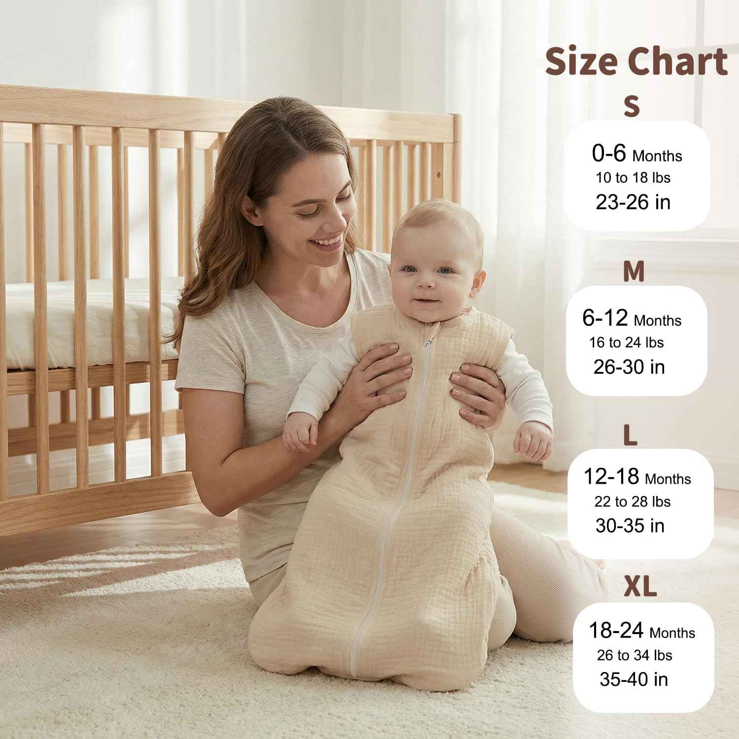 BSTOPPT 2 Pack Baby Sleep Sack 12-18 Months 100% Organic Cotton Muslin Baby Sleeping Bag 2-Way Zipper Wearable Blankets TOG 0.3 (Beige & Khaki, Large)