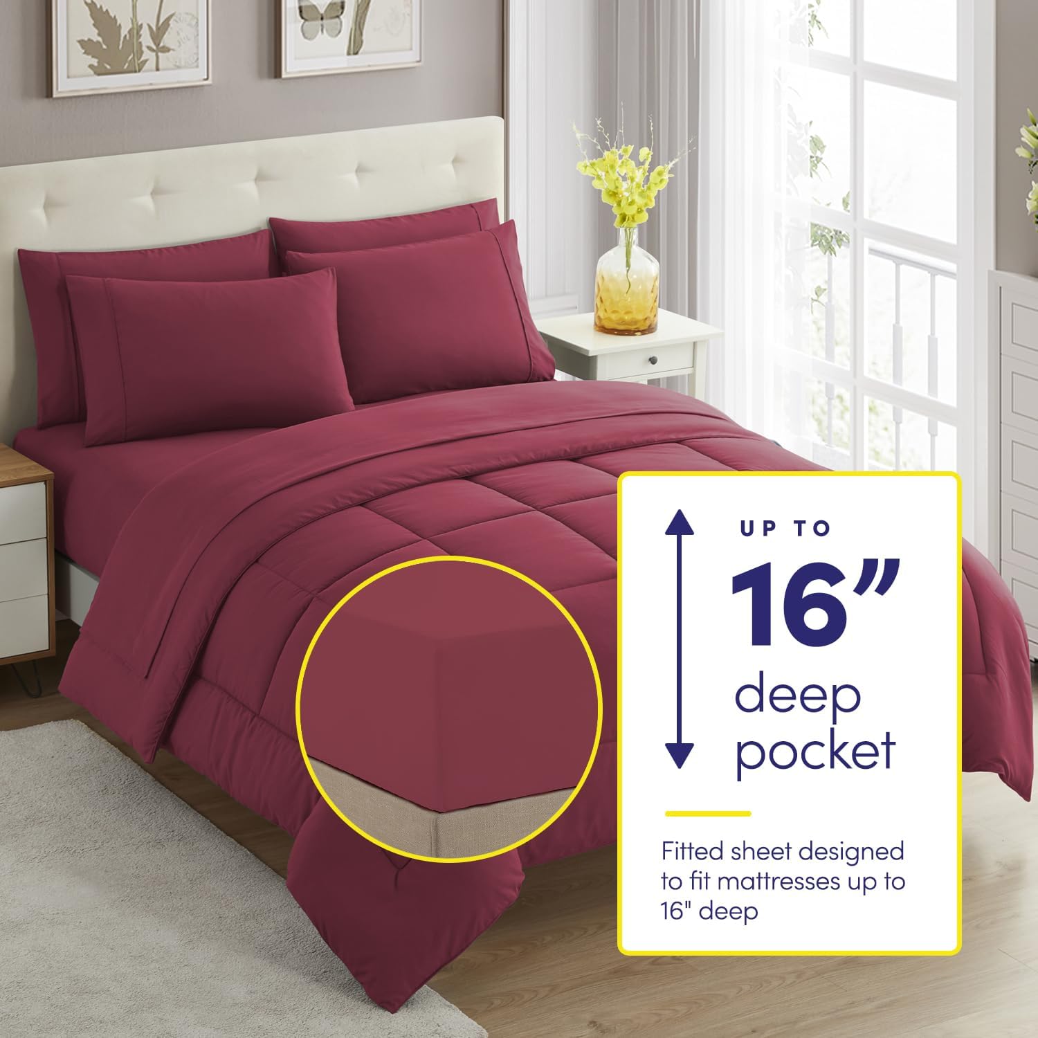 Sweet Home Collection 7 Piece Comforter Set Bag Solid Color All Season Soft Down Alternative Blanket & Luxurious Microfiber Bed Sheets, Burgundy, Full