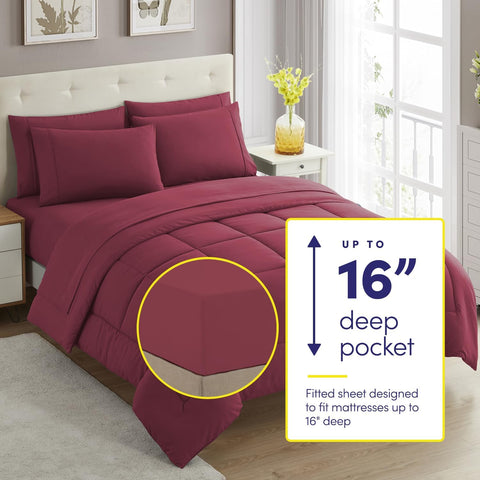 Sweet Home Collection 7 Piece Comforter Set Bag Solid Color All Season Soft Down Alternative Blanket & Luxurious Microfiber Bed Sheets, Burgundy, Full