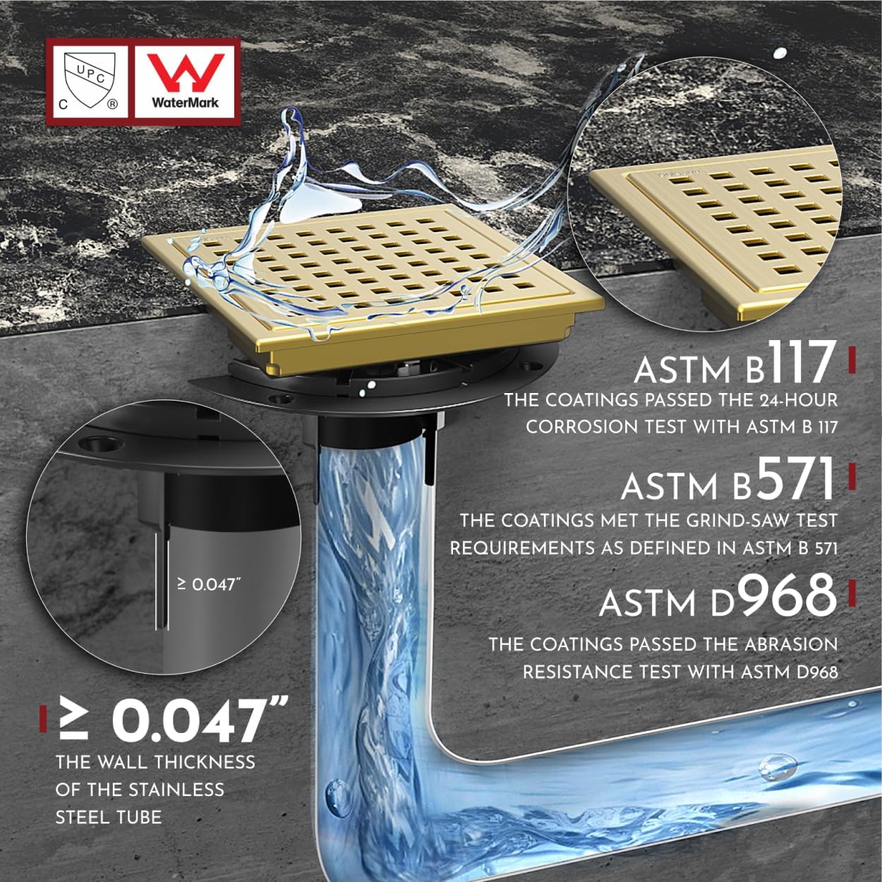 WEBANG 6 Inch Square Shower Floor Drain with Flange,Quadrato Pattern Grate Removable,Food-Grade SUS 304 Stainless Steel,Watermark&CUPC Certified, Brushed Gold