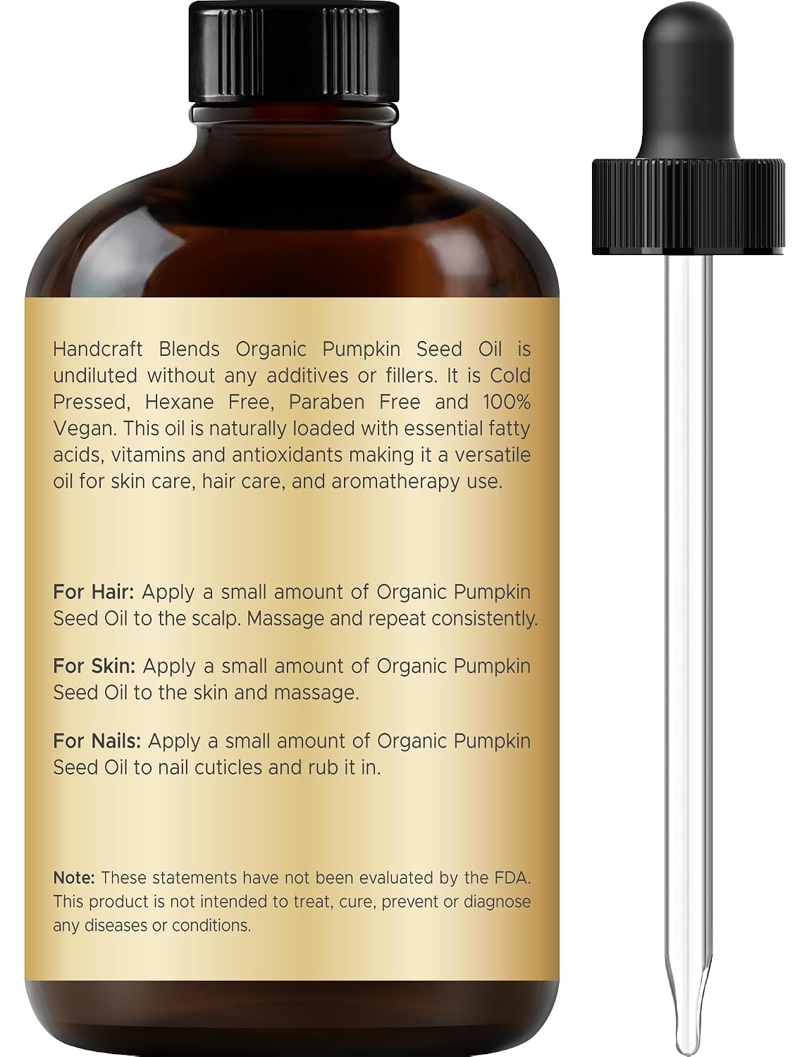 Handcraft Blends Cold-Pressed Organic Pumpkin Seed Oil in Glass Bottle - 4 Fl Oz - 100% Pure and Natural - Premium Grade Carrier Oil for Hair, Skin, Nails - Ayurvedic Skin Care