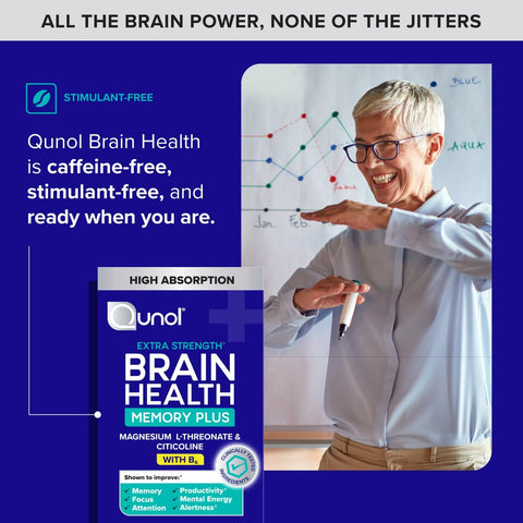 Qunol Brain Health Memory Plus w/Magtein, Cognizin & Vitamin B6, 90ct | Combines Two Clinically Tested, High Absorption Ingredients to Improve Memory, Focus, Attention, Productivity