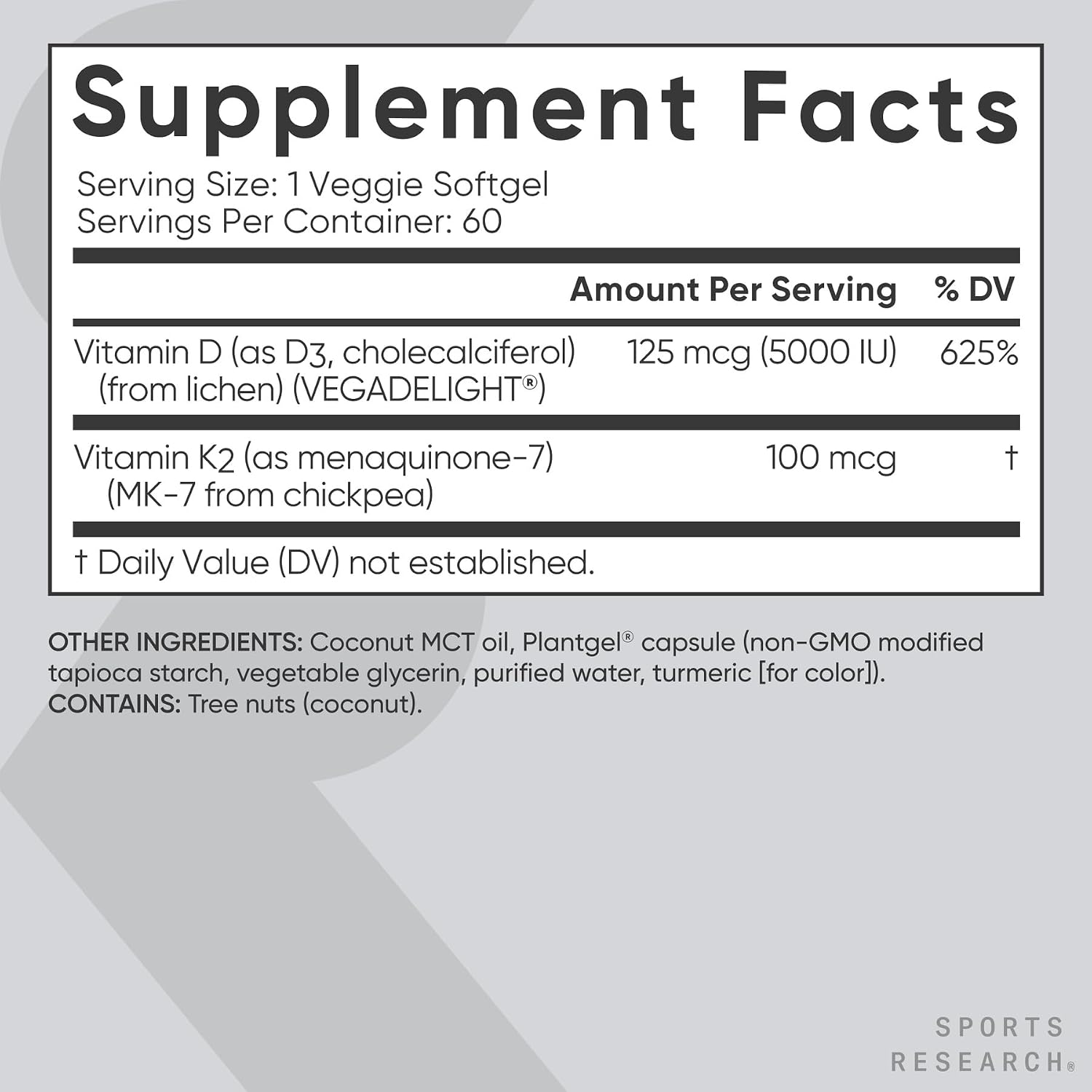 Sports Research® Vegan Vitamin D3 + K2 w/Coconut Oil, 60 Count Plantgels™