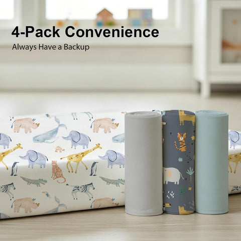 Plushii 4PK Mini Crib Sheets,Pack and Play Sheet for Baby Boys,Fauna