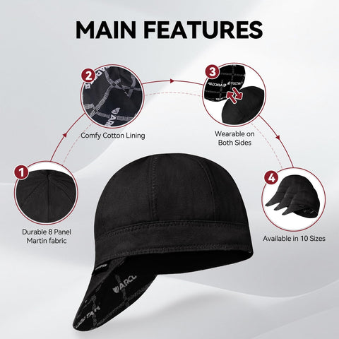 ARCCAPTAIN Reversible Welding Cap, 8 Panel Protective Welders Cap, 10 oz Fireproof Cotton Comforts for Safety and Protection While Welding to Men Women, Black, 7 1/2