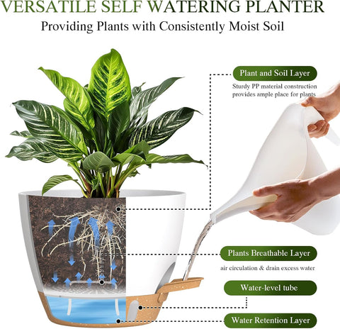 Plant Pots, 4 Pack 12/10/9/8 Inch Self Watering Pots with Drainage Holes, Water Level Indicator Deep Reservoir, Large Planters for Indoor Outdoor Plants - White Brown