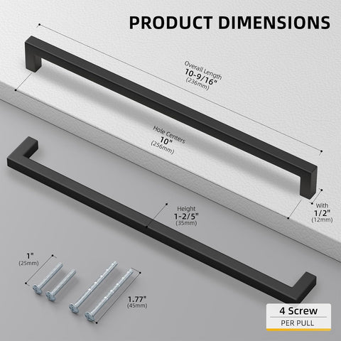 Goldenwarm 10 Pack Black Square Bar Cabinet Pull Drawer Handle Stainless Steel Modern Hardware for Kitchen and Bathroom Cabinets Cupboard,Center to Center 10in(256mm) Black Drawer Pulls
