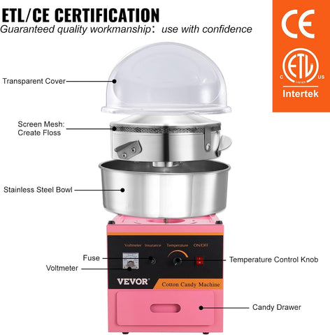 VEVOR Electric Cotton Candy Machine with Cover, 1000W Commercial Floss Maker w/Stainless Steel Bowl, Sugar Scoop and Drawer, Perfect for Home, Carnival, Kids Birthday, Family Party, Pink