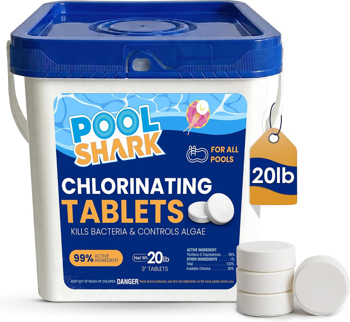 Pool Shark Swimming Pool Chlorine Tablets | 3-Inch Chlorine Tablets | 20 lbs | Slow-Dissolving 90% Active Chlorine Tabs | Pool Chemicals for Inground Pools, Above Ground Pools, Saltwater, Spa, Hot Tub