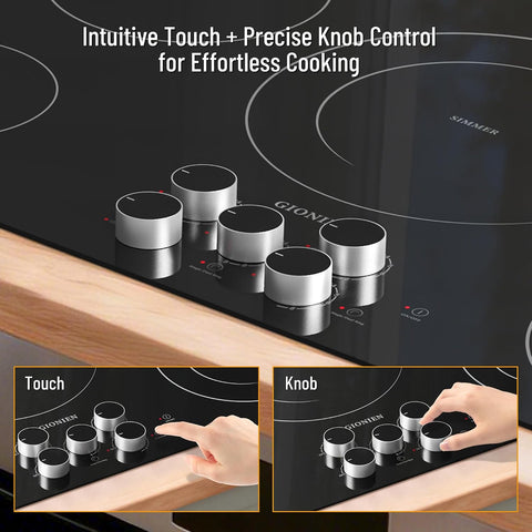 Electric Cooktop 36 Inch 240V,Built-in Electric Stove Top 5 Burners,Knob & Touch Control,9 Power Levels, 500W Warmer,Multiple Safety Protection,Dual-ring Burner,9000W,Hard Wire
