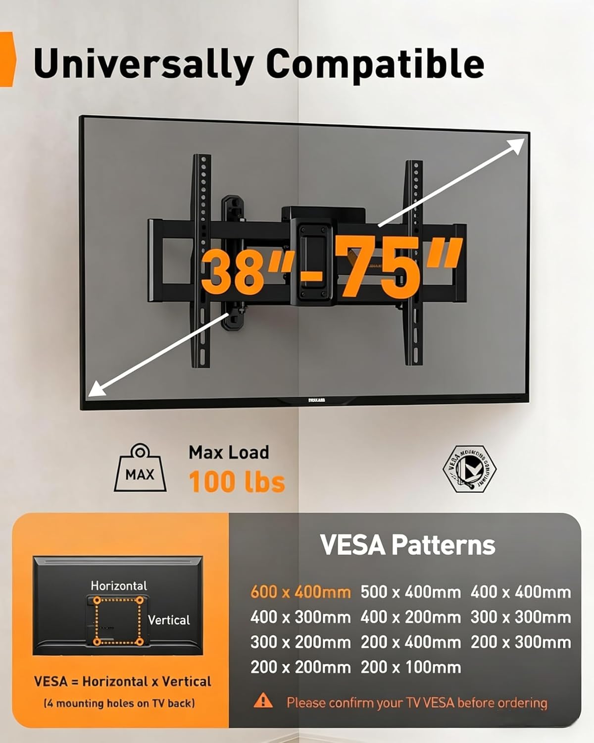 Perlegear Long Arm Full Motion TV Mount with Power Strip for 42–75 inch TVs