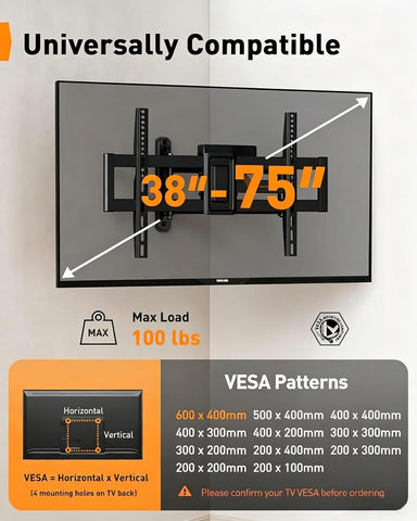 Perlegear Long Arm Full Motion TV Mount with Power Strip for 42–75 inch TVs