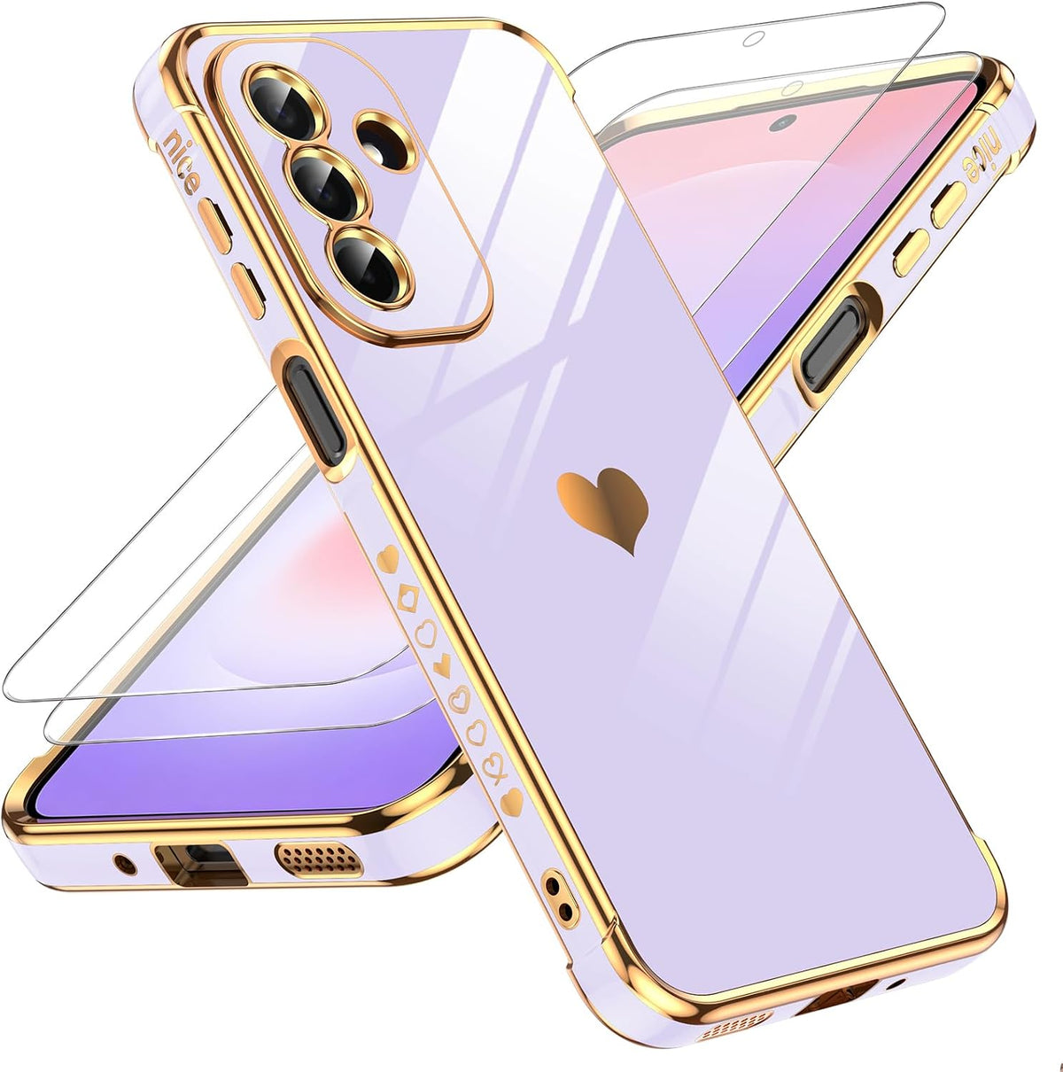 LeYi for Samsung Galaxy A27-5G Case: with Tempered Glass Screen Protector [2 Pcs]+ Full Camera Lens Protection,Love Heart Plating Girly Cute Luxury Soft TPU Shockproof Case 5G,Purple