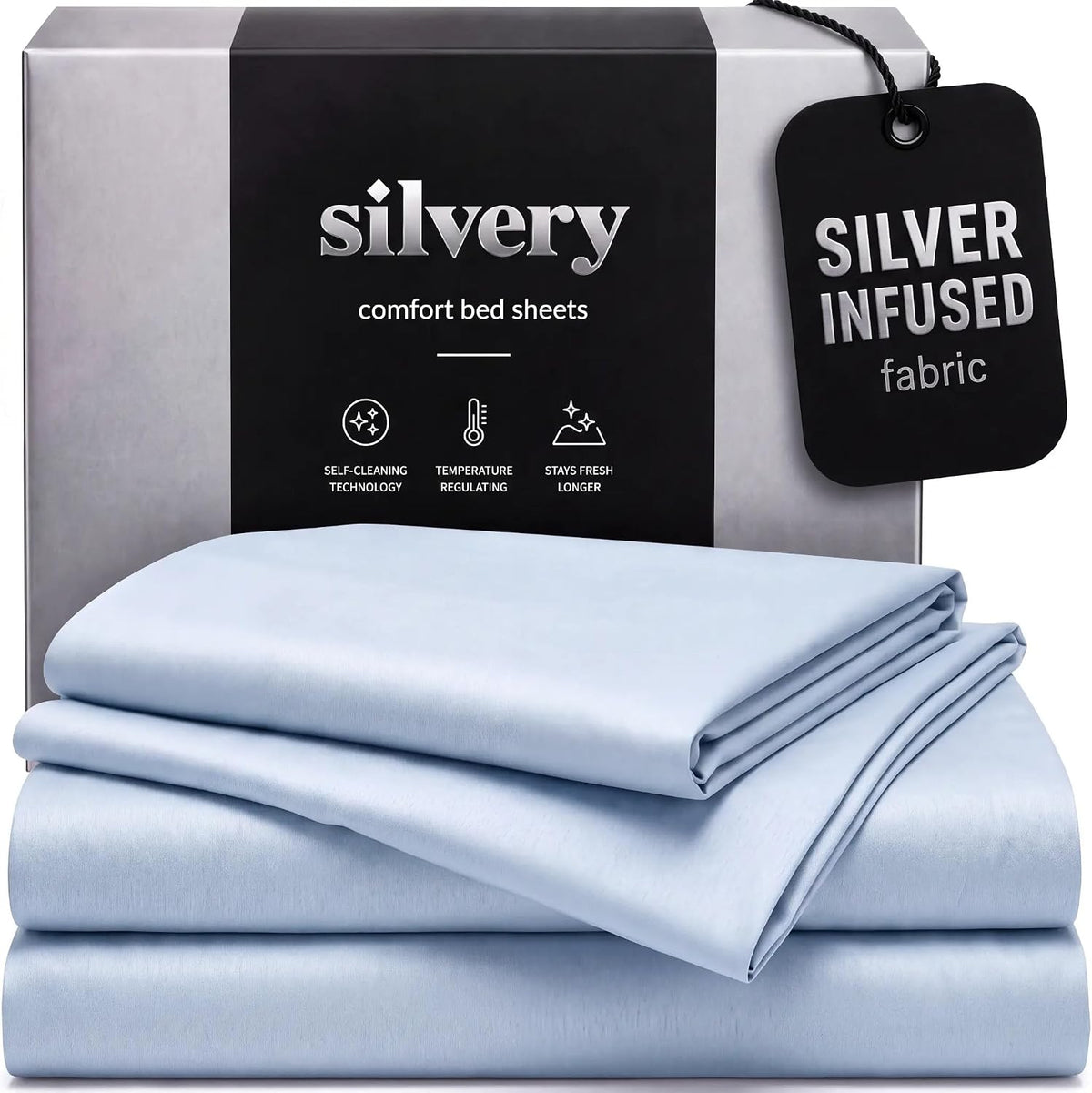 Silvery Silver Infused Bed Sheets Set - Ultra-Soft Temperature-Regulating Fabric with Self-Cleaning Technology™ that Stays Fresh 3X Longer for Hygienic Sleep