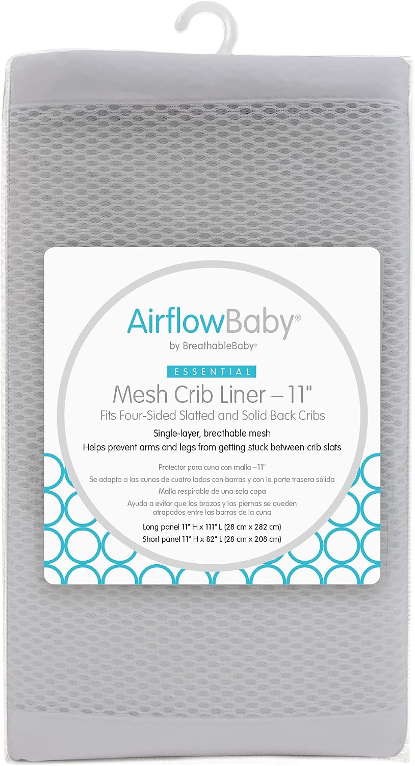 AirflowBaby Mesh Crib Liner for Full-Size Slatted Cribs, Lightweight 2mm Mesh Panels, Helps Reduce Slipping Through Crib Slats, Machine Washable, Gray, 11 inch (Pack of 1)