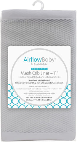 AirflowBaby Mesh Crib Liner for Full-Size Slatted Cribs, Lightweight 2mm Mesh Panels, Helps Reduce Slipping Through Crib Slats, Machine Washable, Gray, 11 inch (Pack of 1)