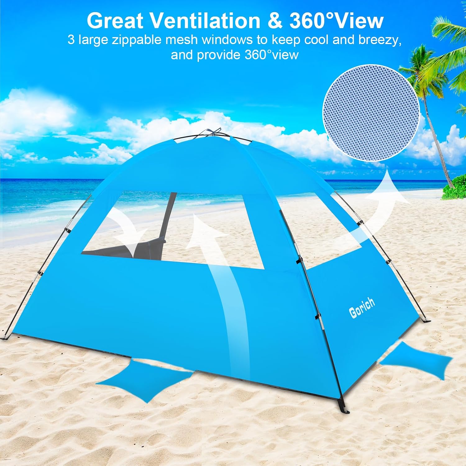 Gorich Beach Tent Sun Shelter for 3/4/6/8/10 Person with UPF 50＋ UV Protection, Lightweight & Easy Setup Beach Shade Canopy, Portable Beach Shade Tent Beach Cabana